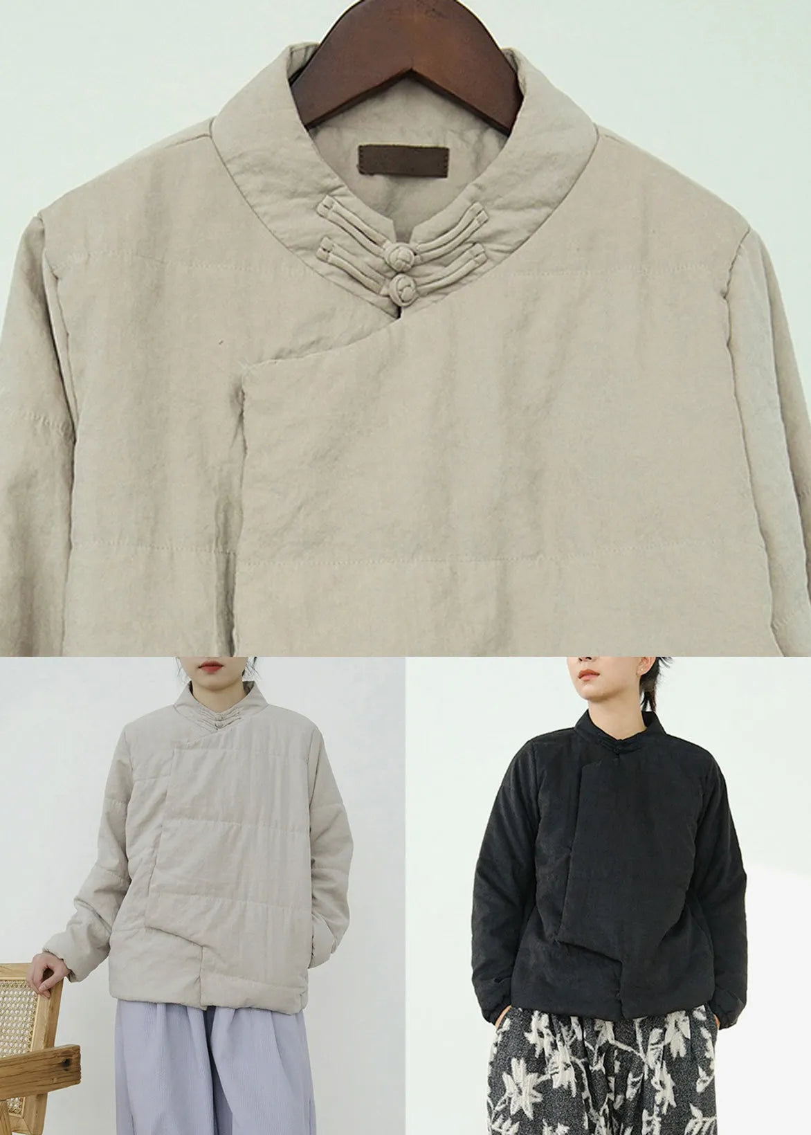 Black Button Pockets Fine Cotton Coats Stand Collar