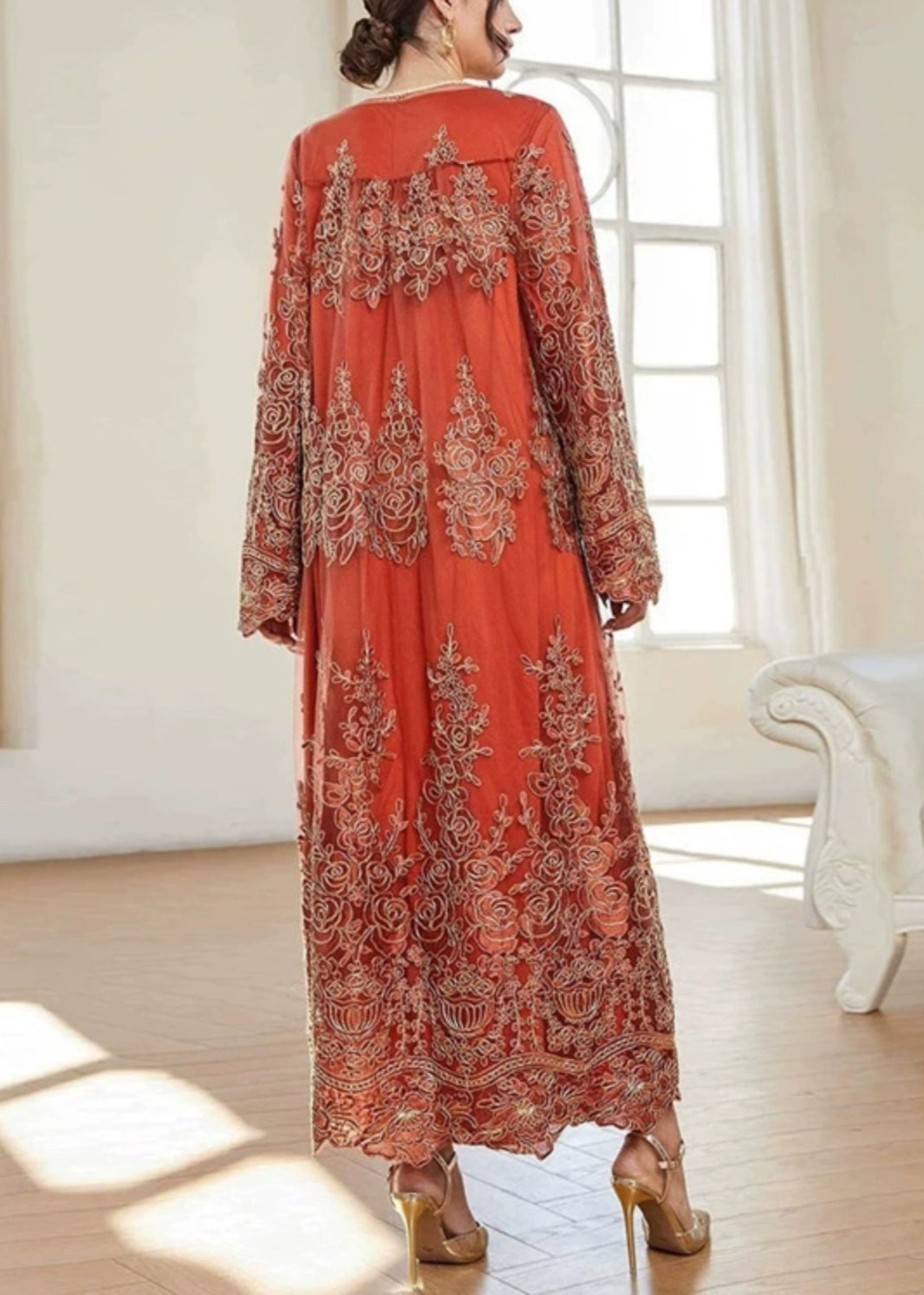 French Orange Embroidered Tulle Two Piece Suit Spring
