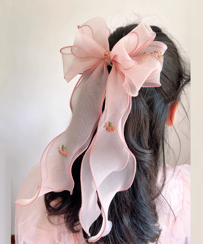 Handmade Pink Tulle Embroidery Bow Ribbon Hairpin