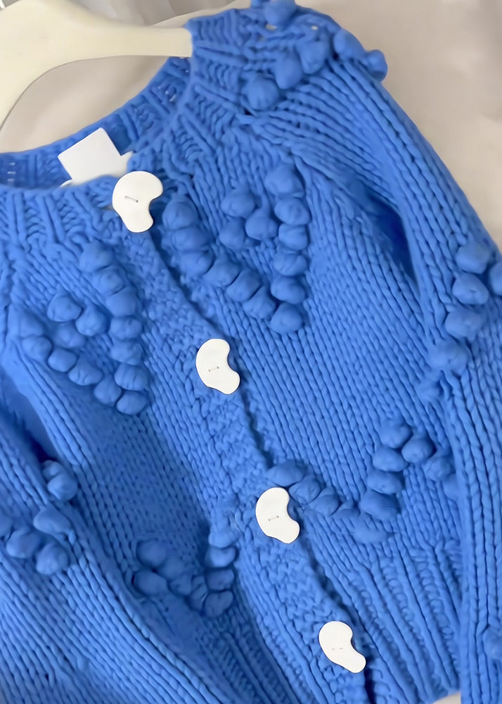 Blue O-neck Button Cotton Knit Cardigan Fall