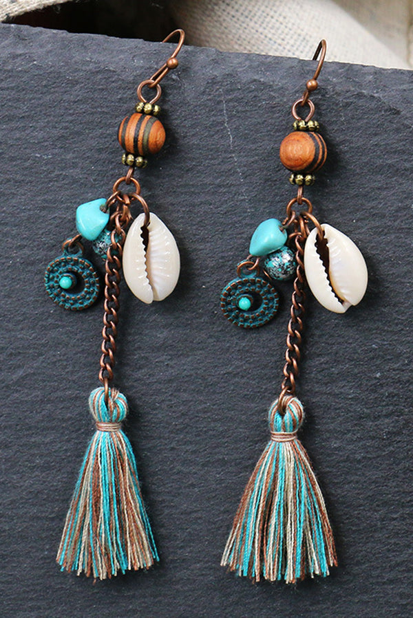 Wooden Bead Handmade Shell Tassel Earrings