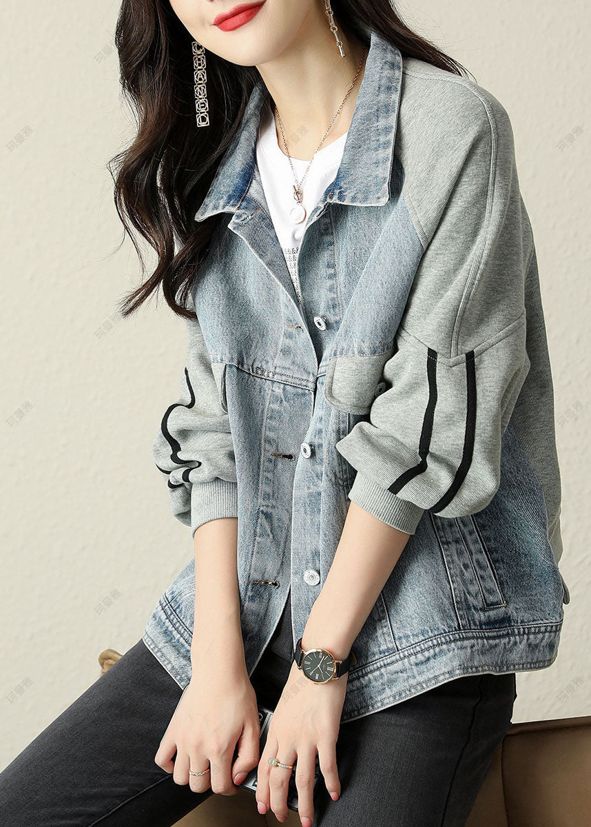 Modern Blue Peterpan Collar Button Patchwork Denim Jacket Spring