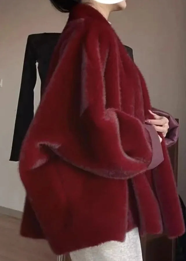Red Warm Leather and Fur Coats V Neck Winter