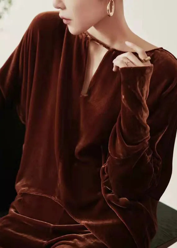 French Coffee Tops and Pants Velour Two Pieces Set Fall