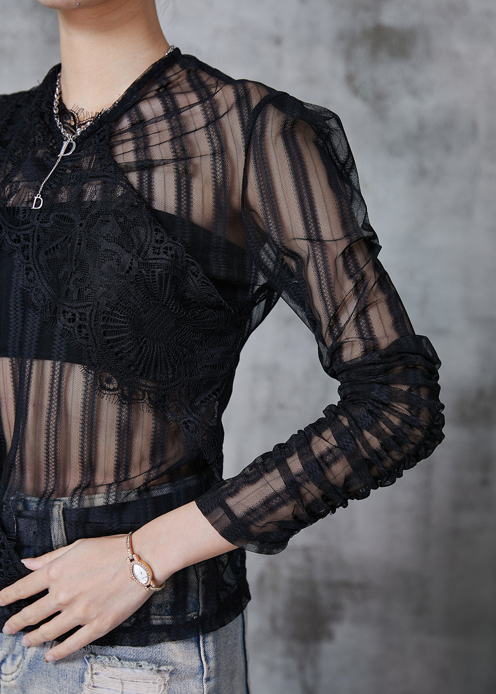 Black Asymmetrical Patchwork Tulle Eyelash Tops Fall