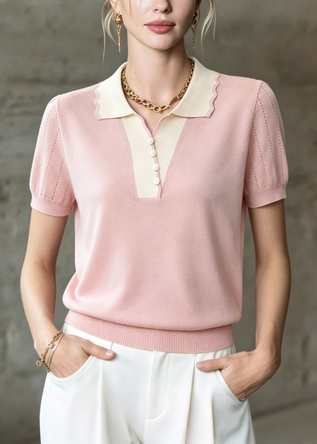 Pink Peter Pan Collar Patchwork Ice Silk Knit Tops Summer