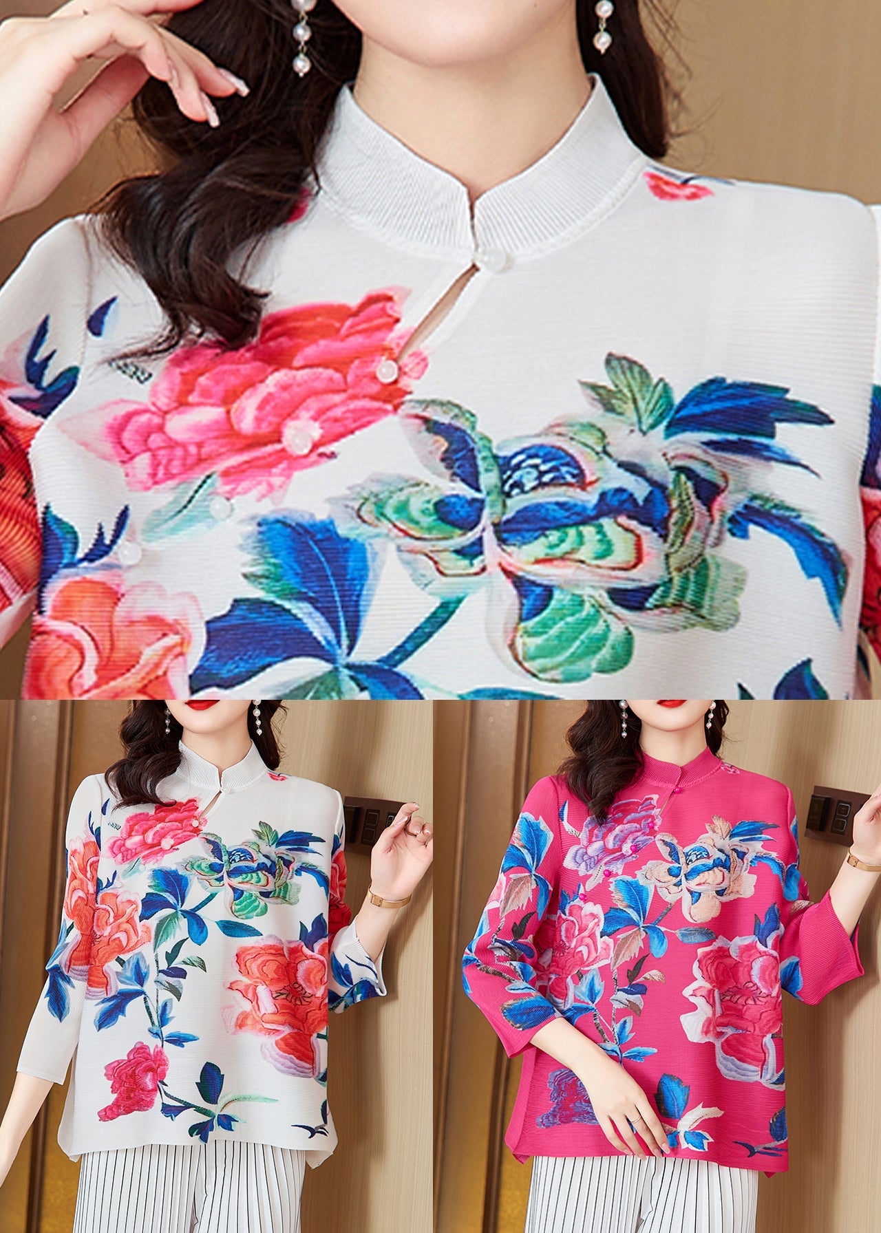 Rose Button Print Cotton Tops Bracelet Sleeve