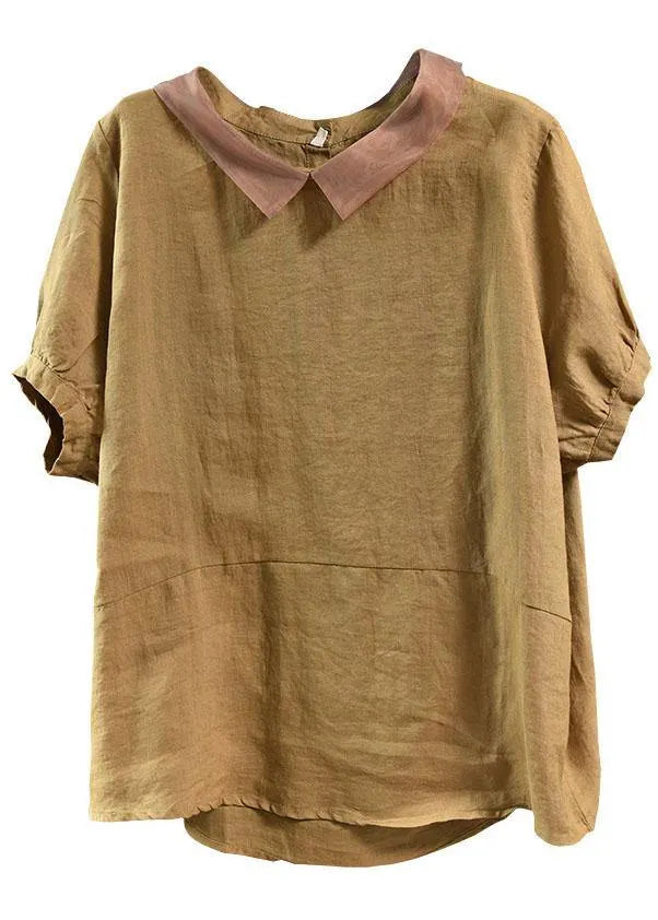 Khaki Patchwork Turn-down Collar Summer Short Sleeve Top