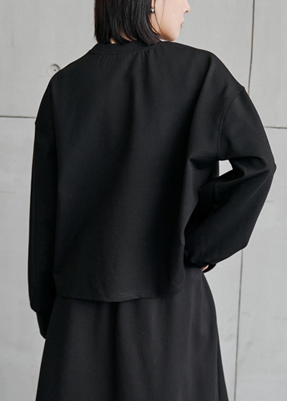 Black O-neck Asymmetrical Pockets Patchwork Top Long Sleeve