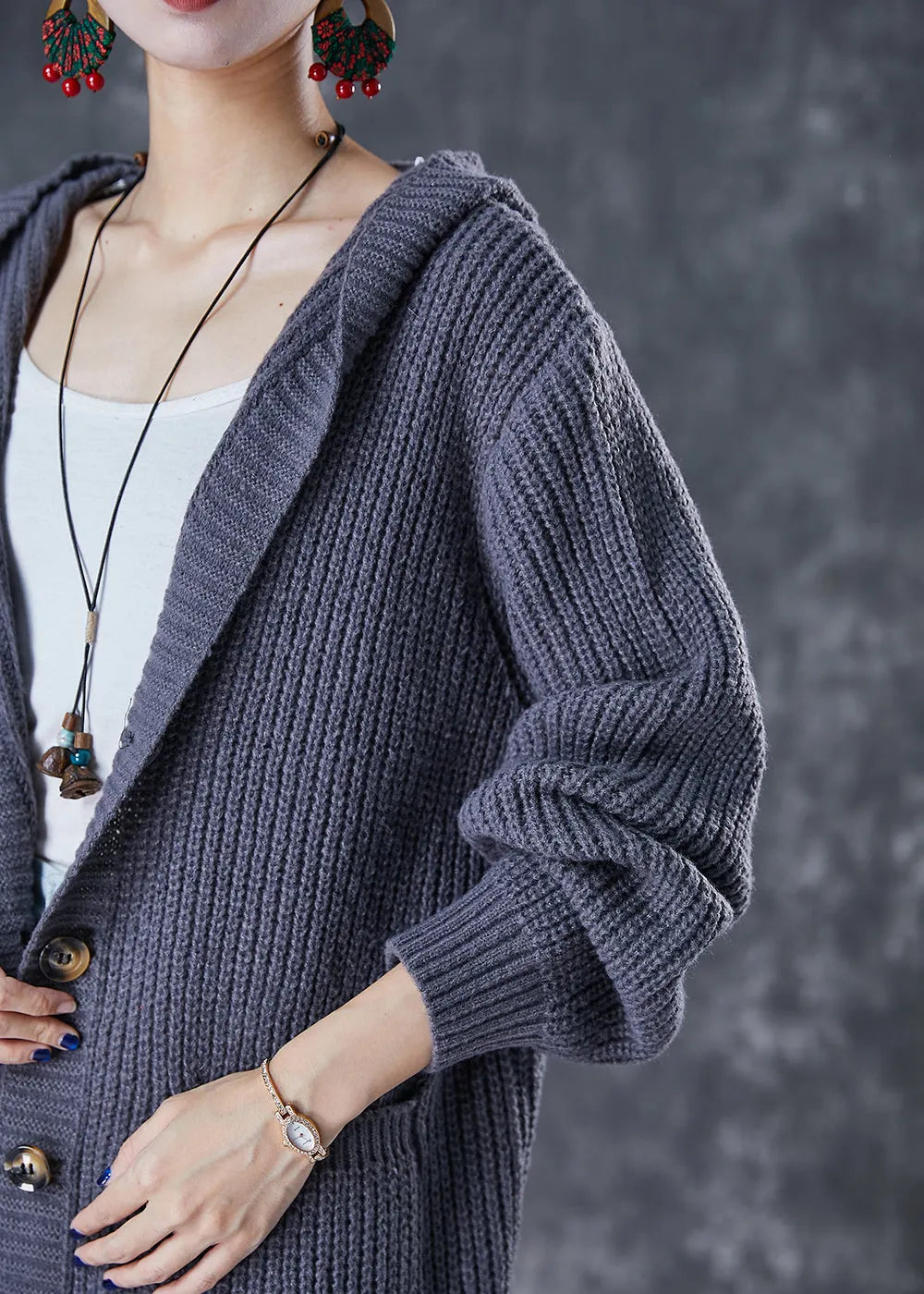Grey Hooded Oversized Knit Cardigan Fall