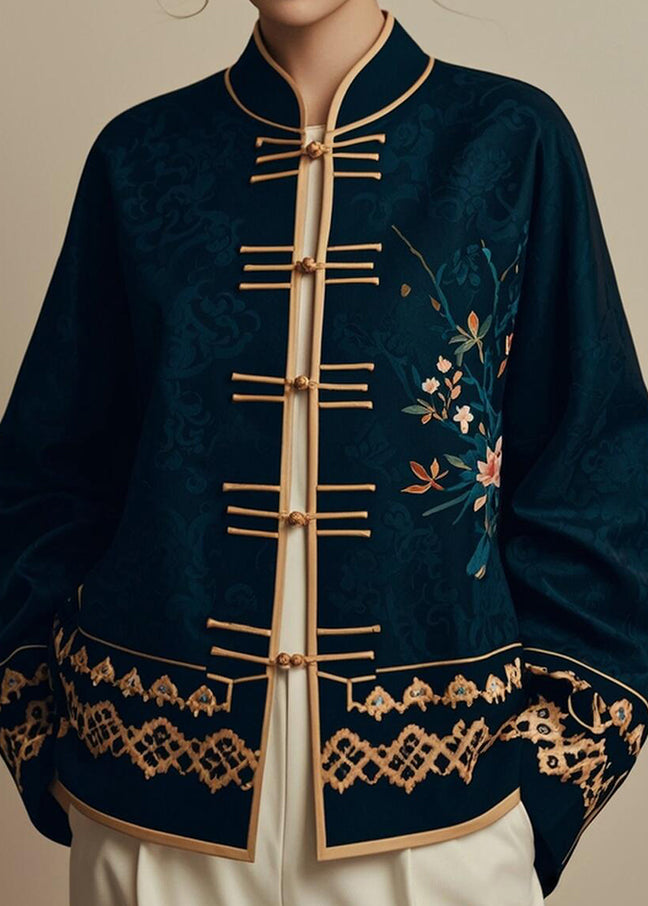 Navy Chinese Button Printsilk Coats Fall