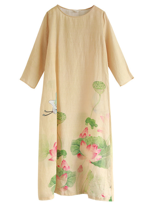 Brief Beige O-neck Butterfly Print Linen Dresses Long Sleeve