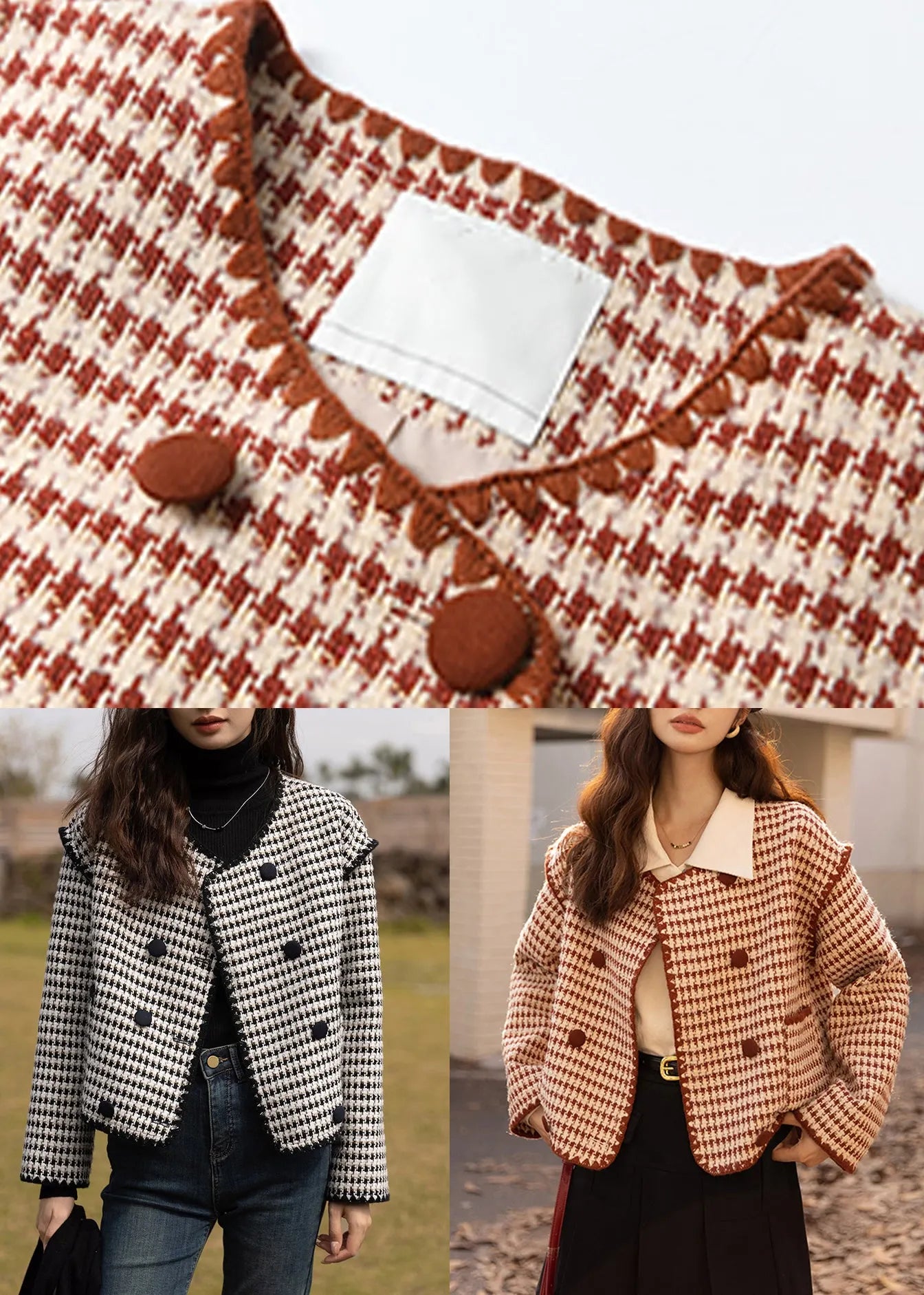 Red Plaid Pockets Patchwork Cotton Coats Button Long Sleeve