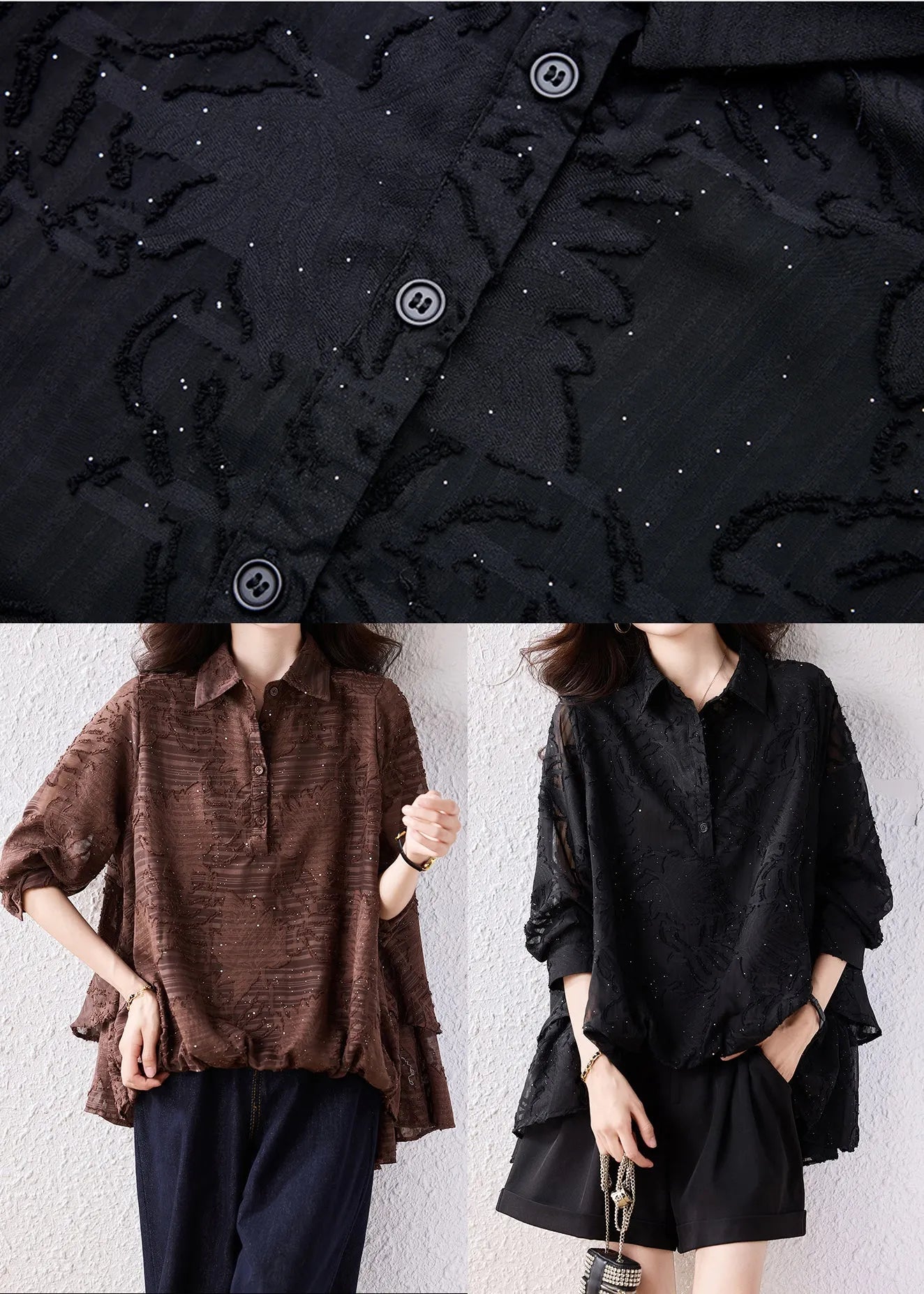 Brown Oversized Jacquard Chiffon Blouse Top Fall