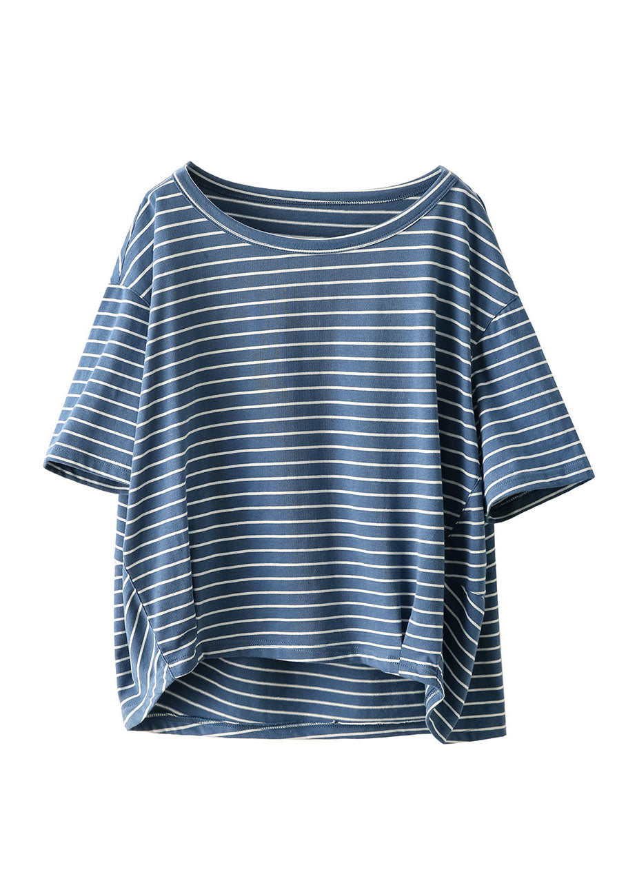 Blue O Neck Striped Linen Top Summer