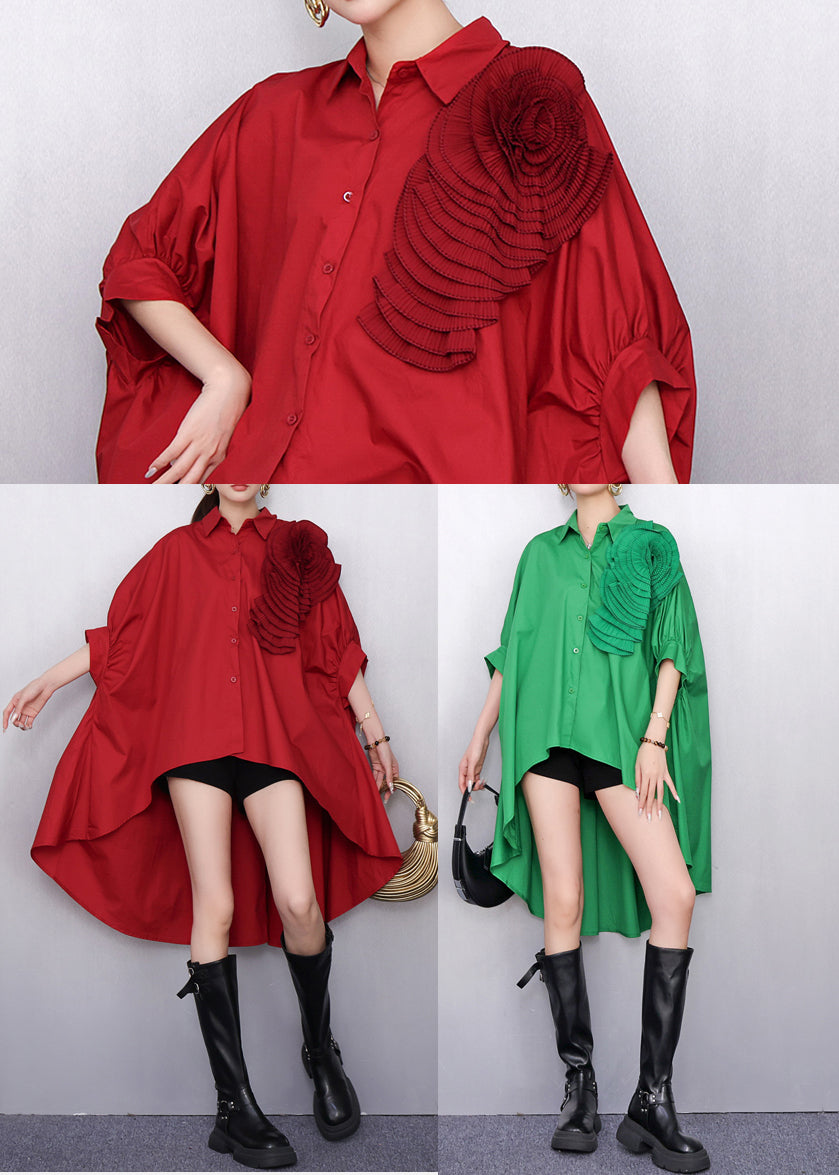 Green Decorated Cotton Day Dress Low High Design Summer