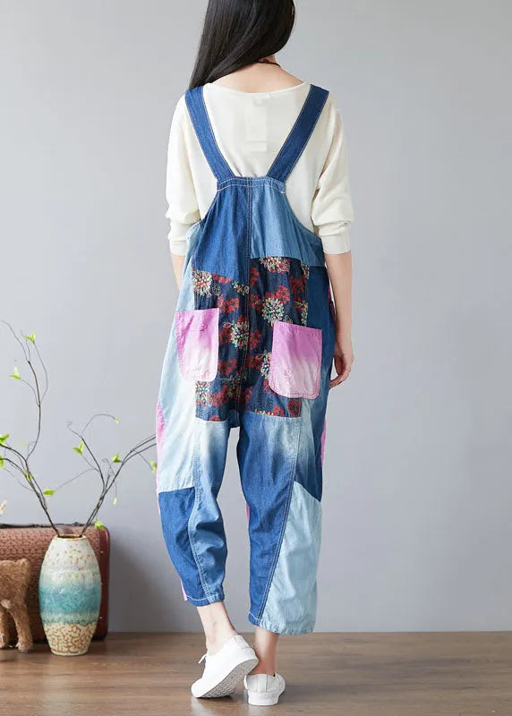 Purple Oversized Patchwork Applique Cotton Overalls Jumpsuit Spring