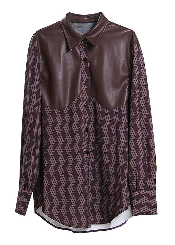 Loose Print Pu Patchwork Shirts Spring