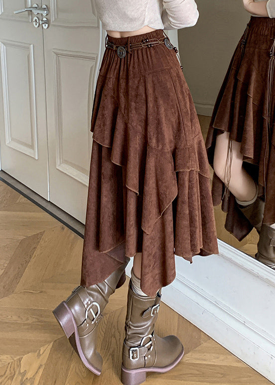 Coffee Asymmetrical Wrinkled Faux Suede Skirt Fall