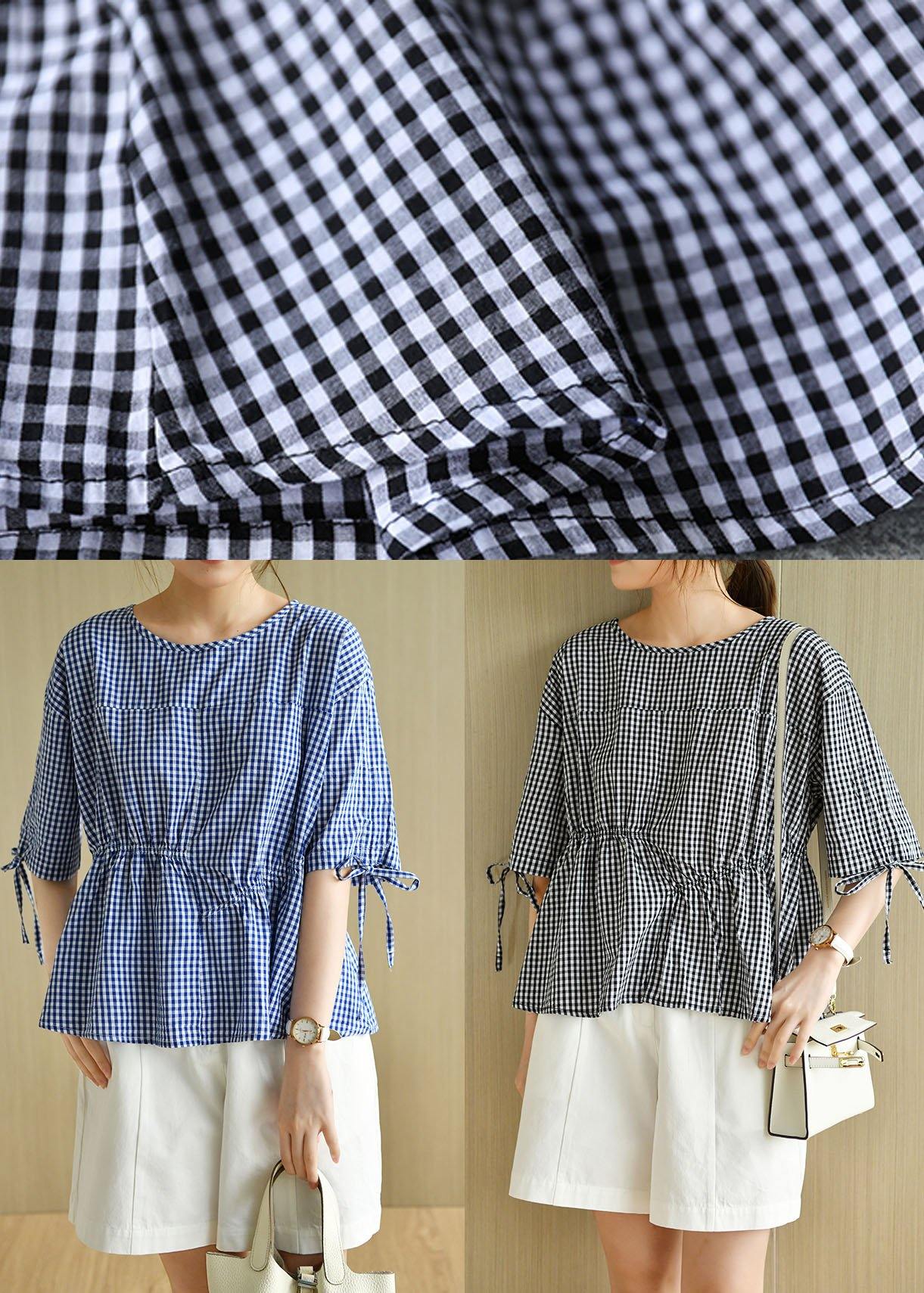 French Blue Plaid Patchwork Drawstring Summer Cotton Half Sleeve Blouse Top