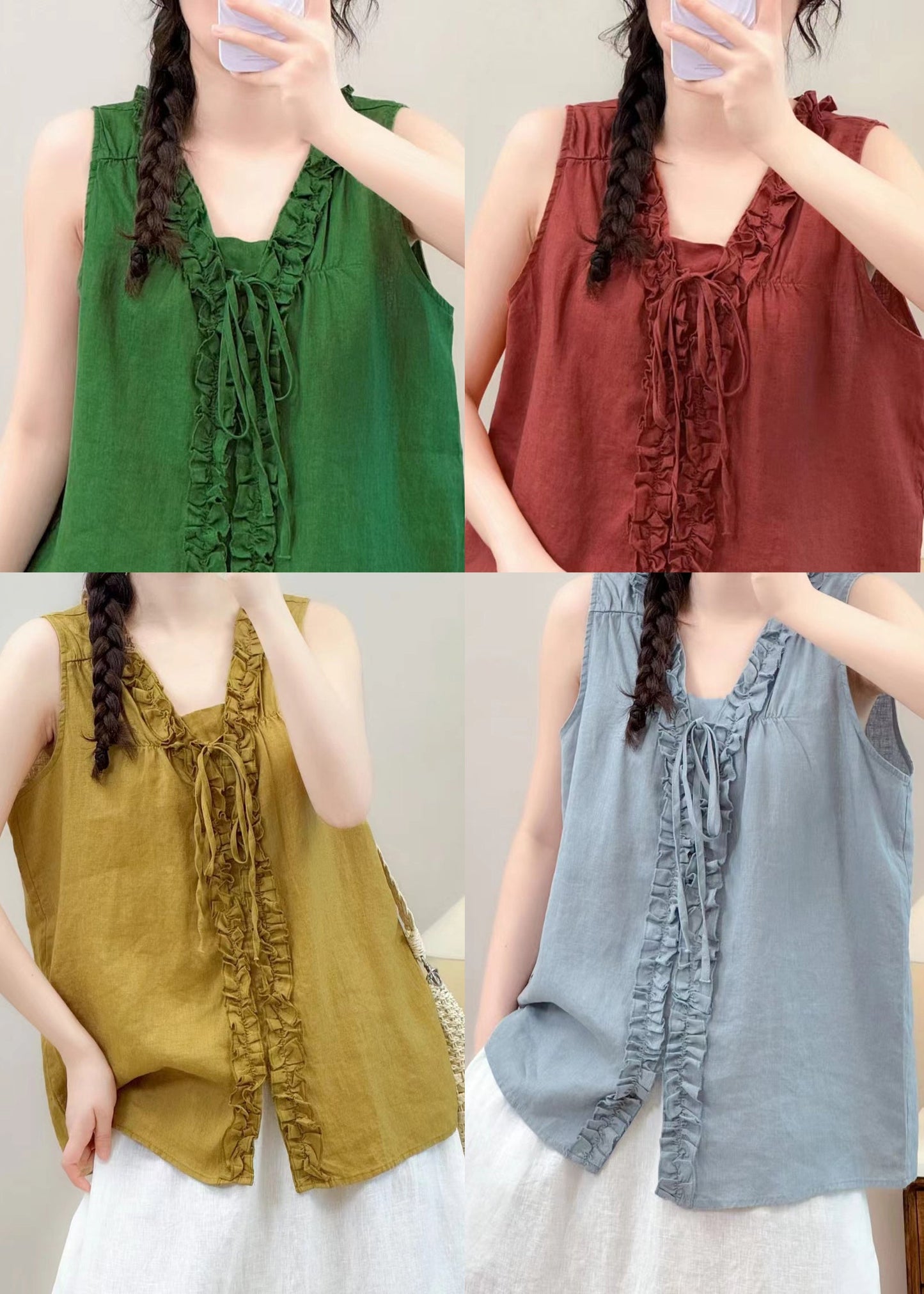 Stylish Red Ruffled Oversized Linen Shirt Summer