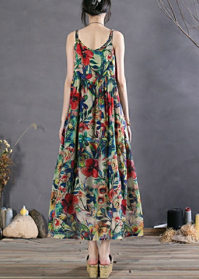 Black Print Wrinkled Spaghetti Strap Long Dress Sleeveless