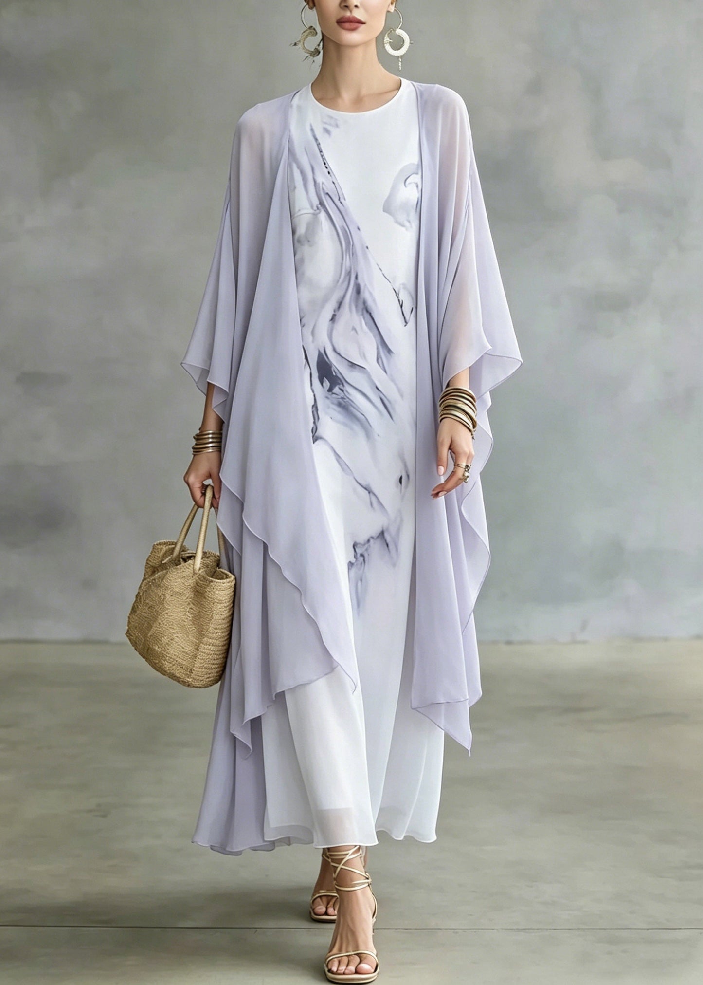 Handmade Tie Dye Fake Two-piece Chiffon Maxi Dresses Fall
