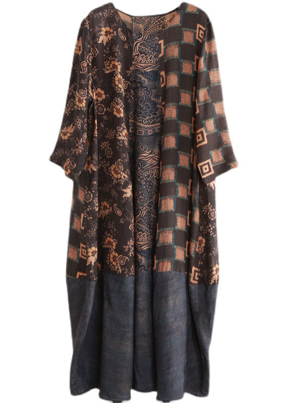French Blue O-neck Pockets Patchwork Long Dresses Long Sleeve