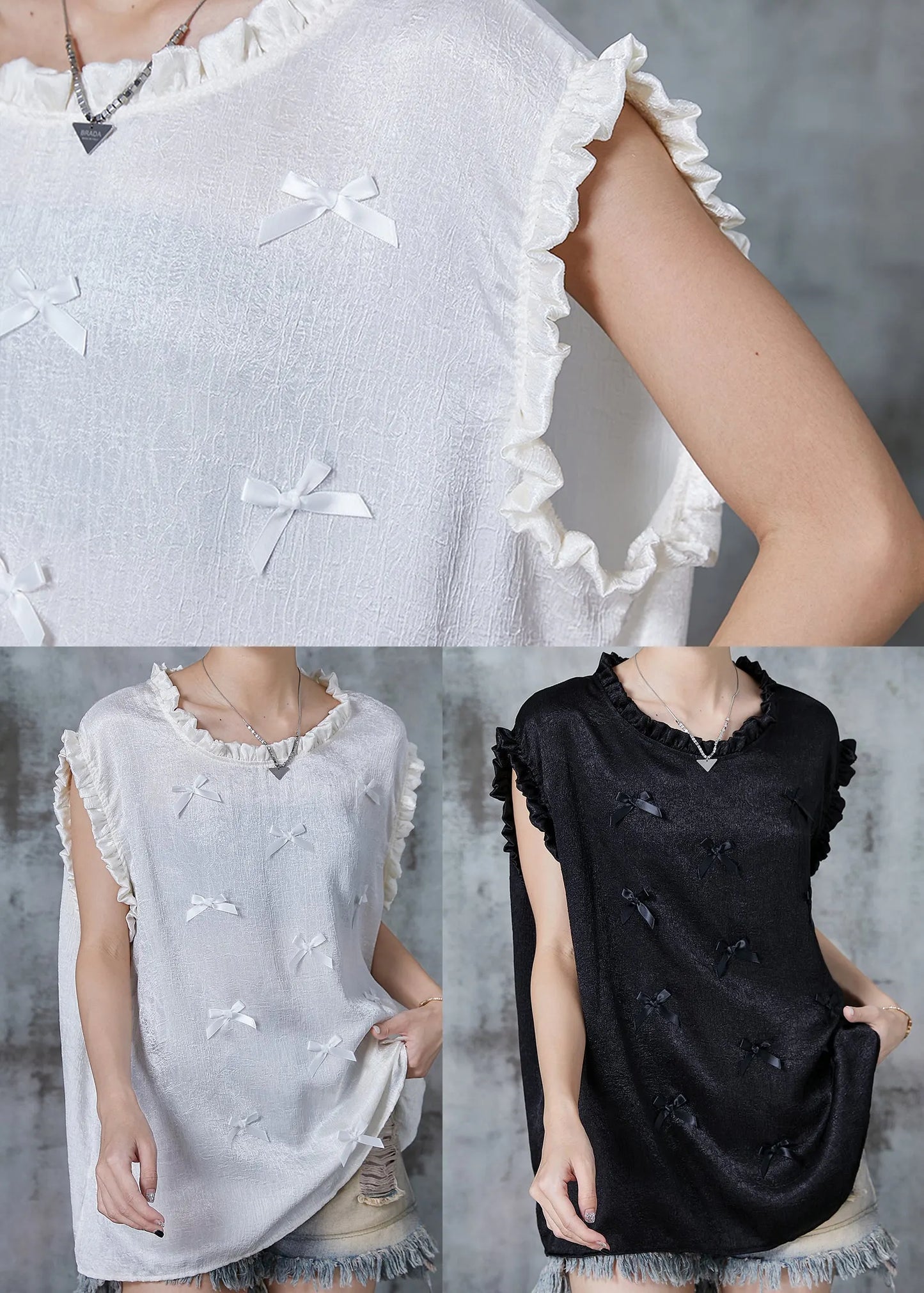 Black Ruffled Bow Silk Tank Summer