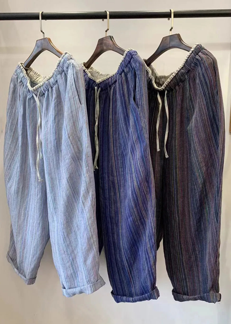 Natural Striped Elastic Waist Lace Up Linen Pants Summer