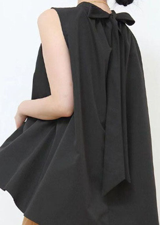 Black Wrinkled Patchwork Bow Cotton Blouses Sleeveless