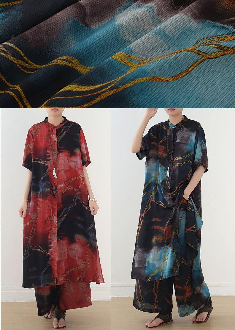 Classy Red Print Chiffon Short Sleeve Top Pant Two Pieces Set