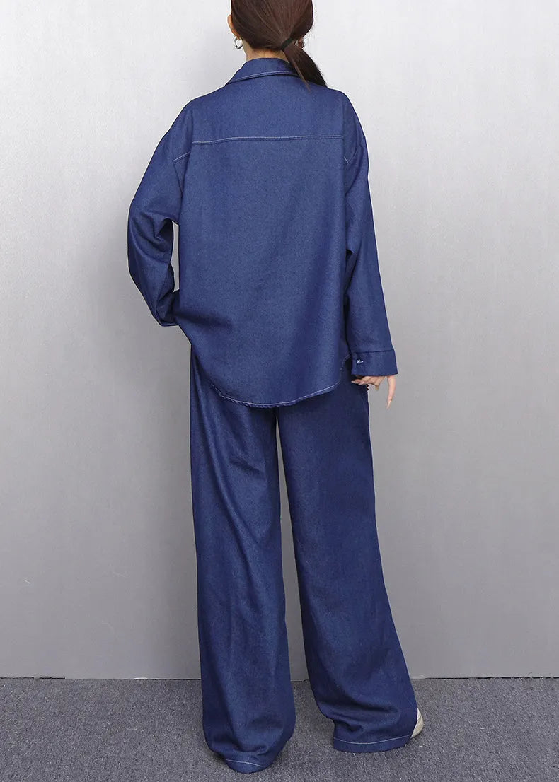Colorful Navy Button Shirts and Pants Denim Two Pieces Set Fall