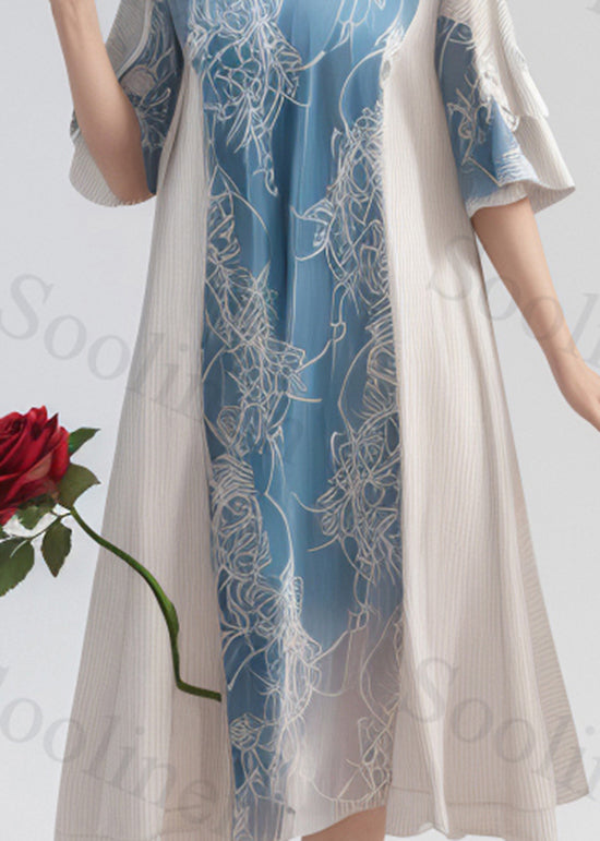 Colorblock O Neck Print Silk Long Dress Summer