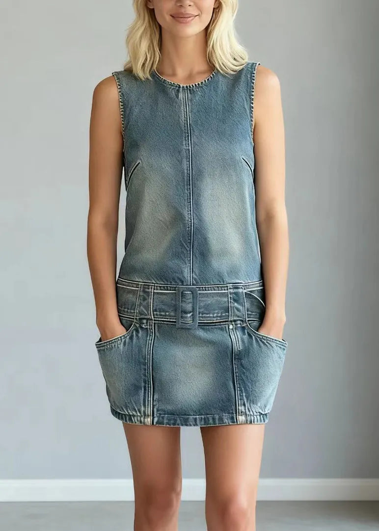 Modern Blue Tie Waist Denim Day Mini Dress Sleeveless