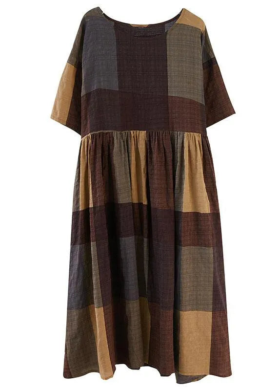 French Khaki Plaid Patchwork Summer Half Sleeve Holiday Dress