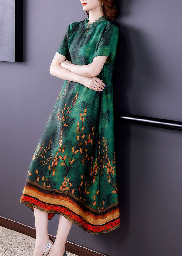 Green Ruffled Print Silk a Line Dress Summer