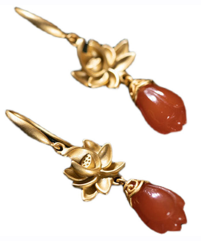 Gold Sterling Silver Overgild Agate Magnolia Flower Drop Earrings
