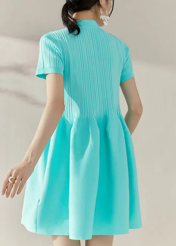 Slim Fit Blue Stand Collar Knit Patchwork Holiday Mid Dress Short Sleeve