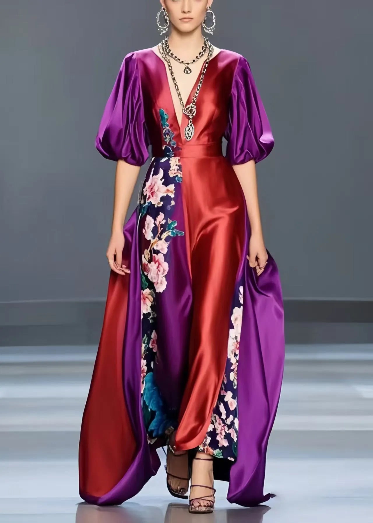 Polychrome Print Silk Maxi Dresses Asymmetrical Design Lantern Sleeve