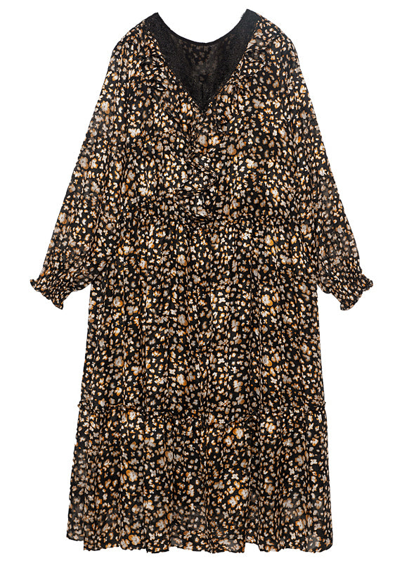 Khaki V Neck Print Chiffon Maxi Dresses Summer