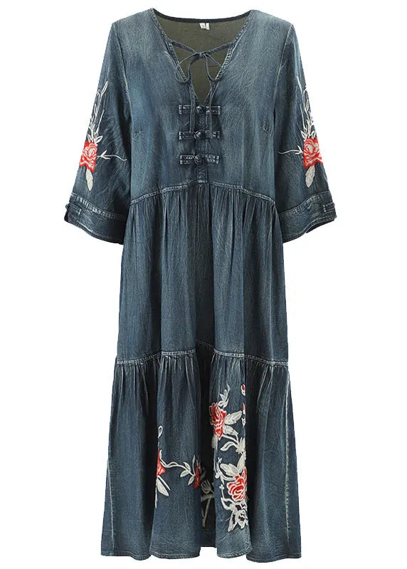 Boutique Blue V Neck Embroideried Cotton Holiday Denim Dress Half Sleeve