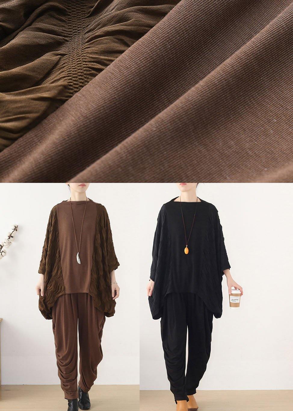 Simple Black Patchwork Wrinkled Batwing Sleeve Fall Shirt Tops