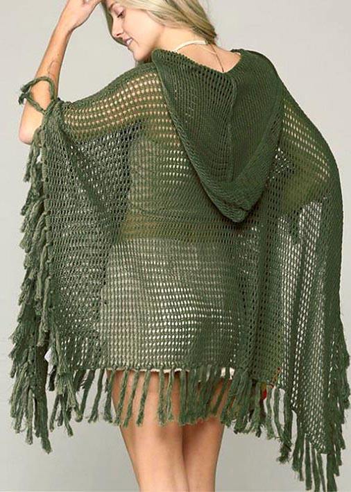 Organic Army Green Knit Fabric Hooded Tassel Beach Gown Holiday Dress