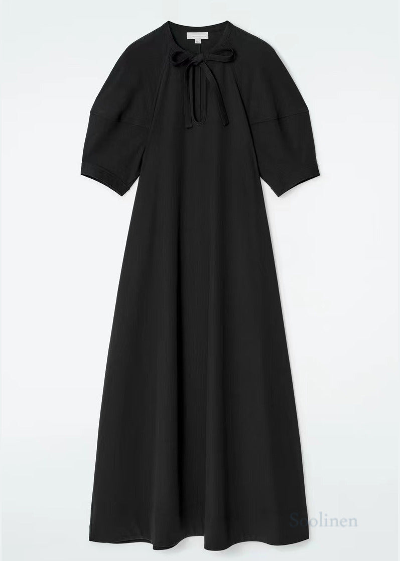 Black Puff Sleeve Tie Waist Cotton Party Dress