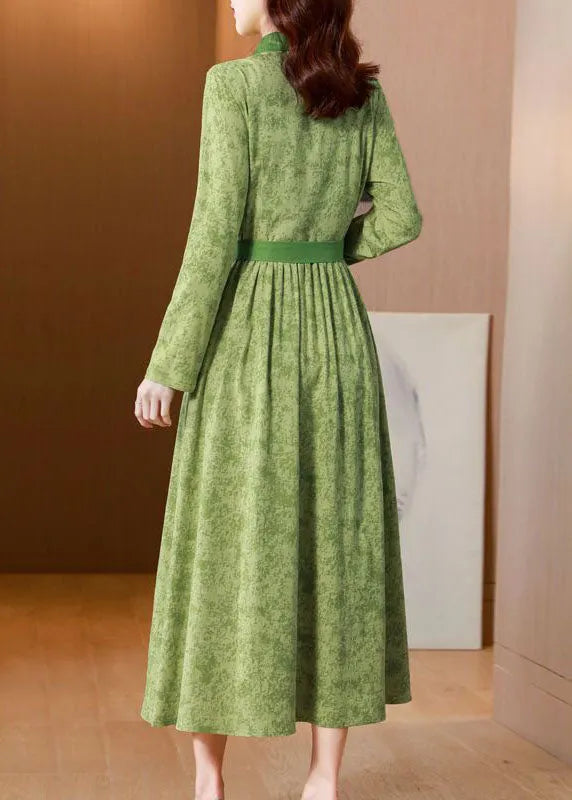 Green Print Tie Waist Linen Holiday Dress Spring