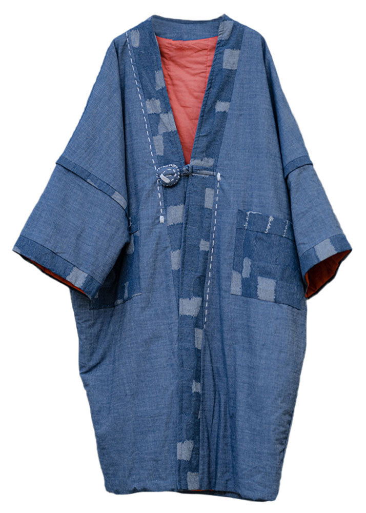 Blue Button Pockets Patchwork Thin Cotton Coat Fall