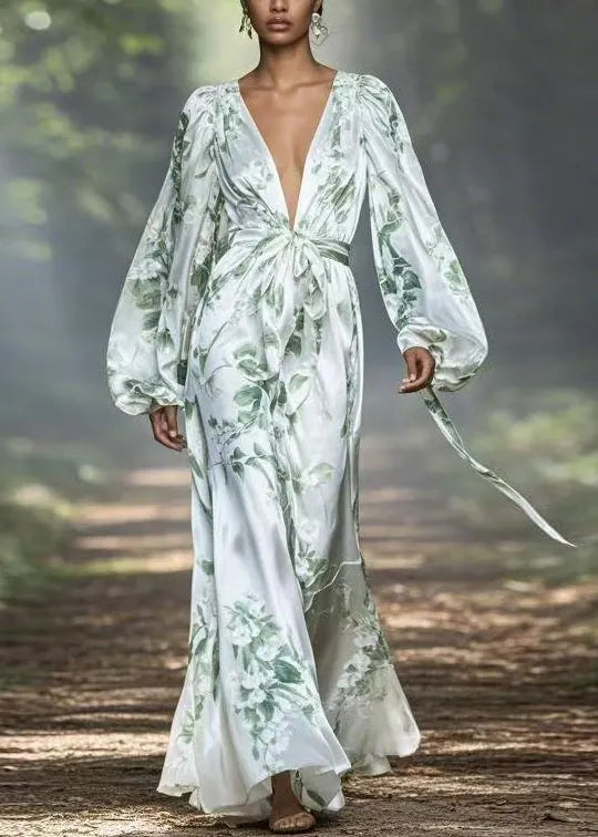 V Neck Print Silk Maxi Dress Spring