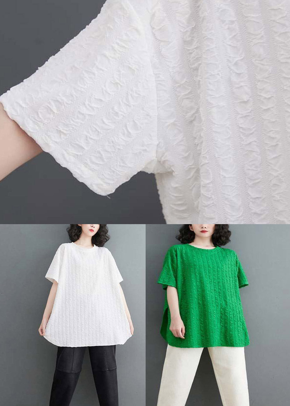 Green O-neck Wrinkled Cotton Top Short Sleeve