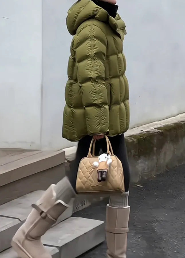 Green Hooded Zippered Drawstring Duck Down Down Coat Winter